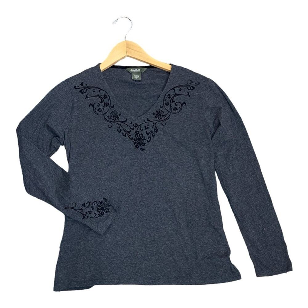 Eddie Bauer Dark Grey V- Neck Long Sleeve Top with Velvet Overlay Size Large
